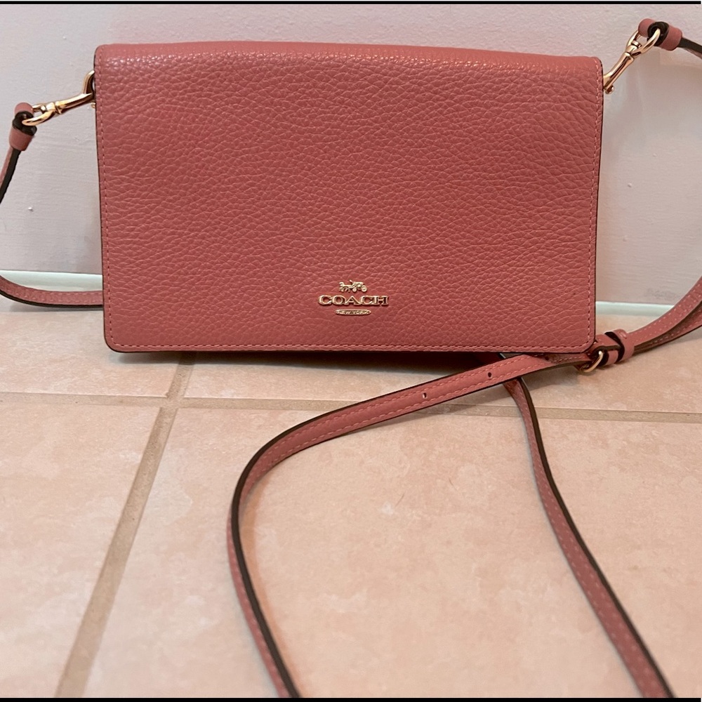 Pink leather coach crossbody wallet clutch